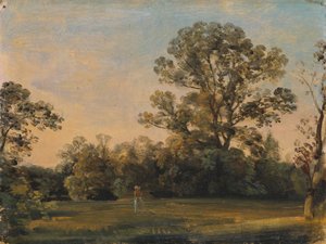 Paisagem florestal com castelo junto à água de Carl Blechen