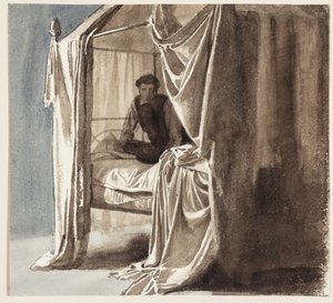Uma cama com cortinas. Estudo para o quadro "Niels Ebbesen e Conde Gert" exibido em 1868 de Carl Bloch