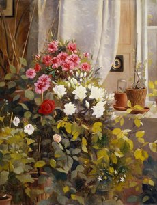 Azáleas, gerânios, rosas e outras plantas em vasos perto de uma janela de Carl Christian Carlsen