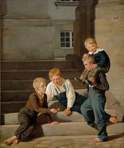 Meninos jovens, jogar, dados, frente, Christiansborg, castelo, copenhaga, 1834 de Carl Christian Constantin Hansen