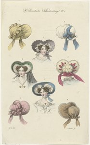 Oito chapéus femininos diferentes Roupas holandesas (título da série) de Carl Cristiaan Fuchs