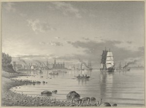 Navegação no Oresund com Helsingor e Castelo de Kronborg à distância de Carl Emil Baagoe