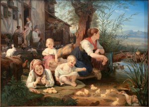 Mãe com filhos no lago da aldeia