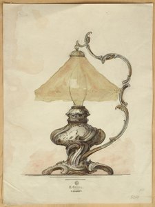 Desenho de um abajur de prata com corpo canelado torcido em estilo rococó, House of Carl Faberge de Carl Fabergé