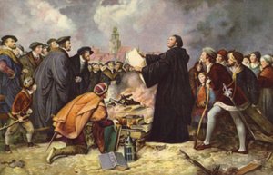 Martinho Lutero queima a Bula Papal em 1520 (cor litho) de Carl Friedrich (after) Lessing