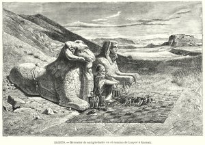 Vendedor de antiguidades na estrada de Luxor para Karnak, Egipto (litho) de Carl Friedrich Heinrich (after) Werner