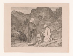 Dois monges por uma árvore podada em uma paisagem de montanha de Carl Friedrich Lessing