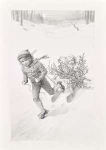 Duas crianças a viajar numa paisagem de inverno de Carl Fröschl