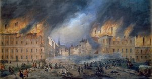 Batalha em Sternbarrikade em Jagerzeile em 28 de Outubro de 1848, revolução em Viena, incêndio na cidade, pintura de Carl Goebel (1824-1899), Áustria