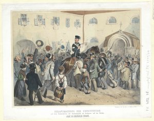 Proclamação da Constituição no local de reunião da Guarda Nacional na Freihaus (Casa Livre) em Wieden, a 15 de março de 1848 (litografia a cores) de Carl Goebel