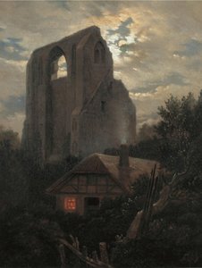 Ruínas do mosteiro de Eldena com chalé perto de Greifswald, ao luar, 1820
