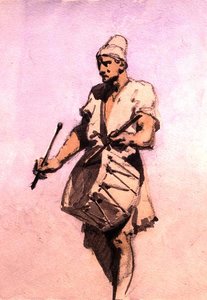 Um Baterista na Procissão de Casamento, Cairo (aguarela sobre papel) de Carl Haag
