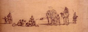 Figuras e camelos no deserto (lápis sobre papel vegetal colocado sobre cartão) de Carl Haag