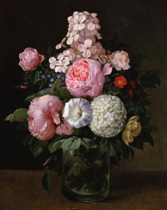 Natureza-morta de rosas cor-de-rosa e hortênsias. Pintura de Carl Henrik Koch Moller (1845-1920) Coleção particular. de Carl Henrik Koch Moller