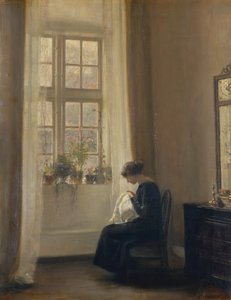 Uma menina costurando em um interior (óleo sobre tela) de Carl Holsoe