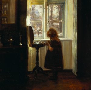 Uma garota de pé ao lado de uma mesa de costura (óleo sobre tela) de Carl Holsoe