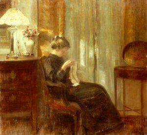 Uma mulher costurando em um interior (óleo no painel) de Carl Holsoe