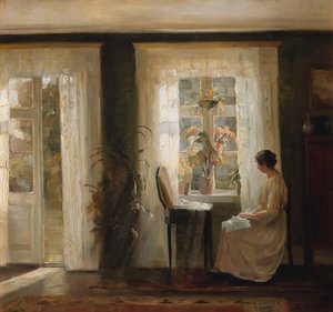 Mulher em uma janela ensolarada (óleo sobre tela) de Carl Holsoe