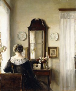 Interior com uma mulher sentada perto de uma janela de Carl Holsoe