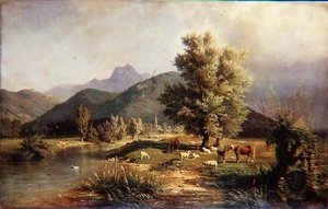 Paisagem arborizada montanhosa com Cavalos e Ovelhas