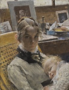 Um Idílio Studio: A Esposa Artistas e sua Filha Suzanne, 1885 (pastel) de Carl Larsson