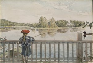 Lisbeth a la peche a la ligne - Lisbeth Angling, de Larsson, Carl (1853-1919). Aguarela e têmpera no papel. Tamanho: 32x43 cm. Nationalmuseum Estocolmo de Carl Larsson