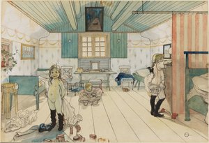 O quarto da mãe e das meninas pequenas. De Um lar (26 aguarelas) de Carl Larsson