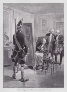 Rei Frederick William I da Prússia pintando uma granadeiro da sua Potsdamer Riesengarde (Guarda Gigante de Potsdam) (gravura) de Carl Ludwig Friedrich (after) Becker