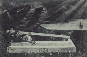 Um tanque vitorioso da Primeira Guerra Mundial dos Aliados passa pelo túmulo de um soldado de cavalaria francês da Guerra Franco-Prussiana. (litho)