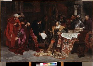 ""O imperador Maximiliano I (1459-1519) recebe os embaixadores venezianos em Verona"" (O imperador Maximiliano recebe os embaixadores venezianos em Verona) Pintura de Carl Ludwig Friedrich Becker (1820-1900) 1879 Museu Pushkin, Moscou