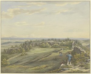 Pátio do castelo em ruínas de Falkenstein com vista para a planície do Meno, o Odenwald e os montes do Reno de Carl Morgenstern