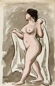 Nu feminino em pé com cortina de Carl Newman