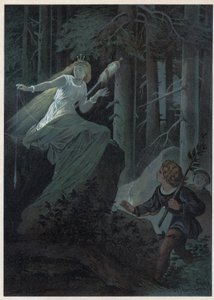 A taxa a fugir com um fuso dourado estava a cantar o destino de um botão dourado. Ilustração de Carl Offterdinger (1829-1889) em "Bouton d
