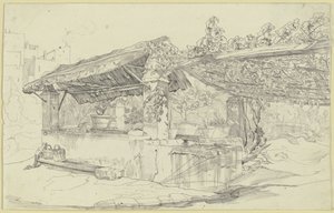 Casa de poço com telhado de palha e tanque de lavar junto a uma latada de Carl Philipp Fohr