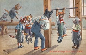 Postal humorístico de um gato (litografia a cores)