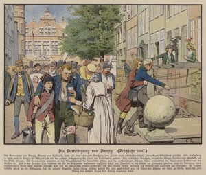 Civis ajudando os feridos prussianos durante a defesa de Danzig, Primavera de 1807 (cor litho) de Carl Röchling