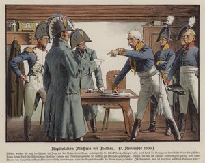 Marechal Blucher rende-se aos franceses em Katekau, 7 de Novembro de 1806 (cor litho) de Carl Röchling
