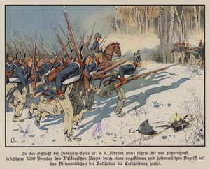 Infantaria prussiana atacando na Batalha de Eylau, 7-8 de Fevereiro de 1807 (cor litho) de Carl Röchling