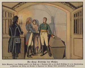 O czar Alexandre I da Rússia visitando o túmulo de Frederico o Grande em Potsdam com o rei Frederico Guilherme III e a rainha Luísa da Prússia e jurando a sua inabalável amizade, 5 de Novembro de 1805 (cor litho)
