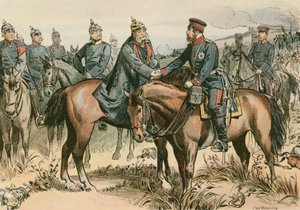 Guilherme I, rei da Prússia e primeiro imperador alemão (1797-1888) cumprimentando seu filho em Sadowa em 1866 de Carl Rohling
