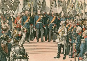 Guilherme I, rei da Prússia e primeiro imperador alemão (1797-1888), é reconhecido como o Kaiser do recém-unido Império Alemão no Tratado de Versalhes em 1871.