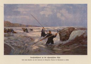 Recolha de âmbar no Mar Báltico, Prússia Oriental (litografia a cores) de Carl Saltzmann