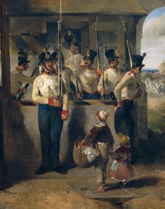 O guarda do escudo, gritando para dentro da espingarda ("Rifle out!")