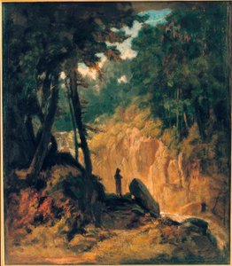 Paisagem arborizada com cascata, na praia com Kapuzinerm de Carl Spitzweg