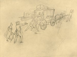 O ator Thespiskarren na estrada, meados do século XIX, c1924. de Carl Spitzweg