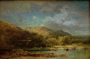 Cabana no lago com figuras de Carl Spitzweg