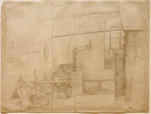 Fogão com azulejos na sala da fazenda de Carl Spitzweg