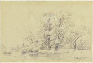 Paisagem com árvores junto à água, ao longe a torre de uma igreja de aldeia de Carl Spitzweg