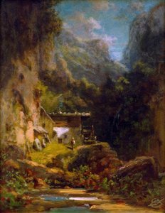 Moinho no canyon da floresta com uma figura de Carl Spitzweg