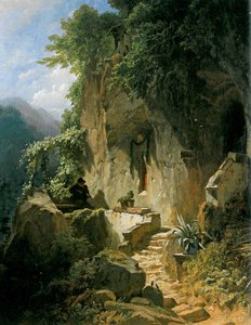 Músico eremita na frente de sua Rockklause de Carl Spitzweg